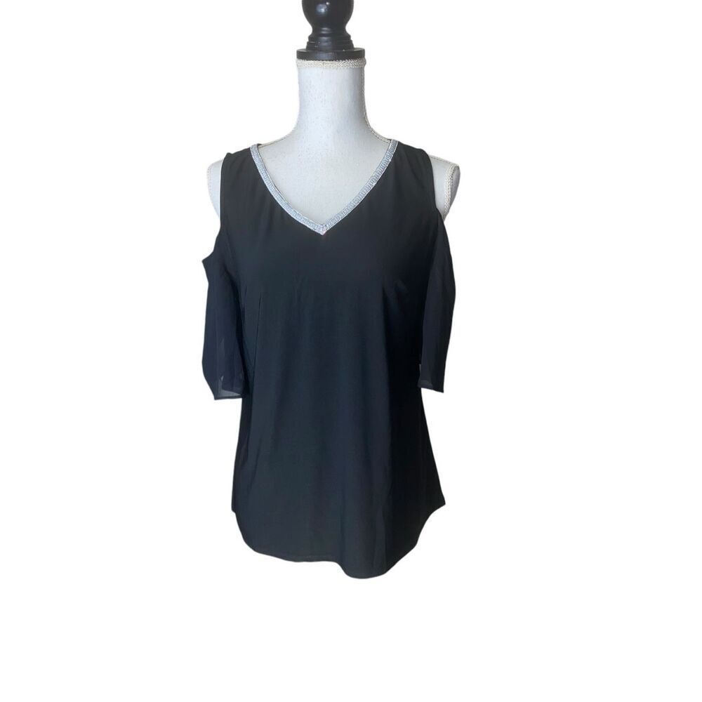 Harper 241 Womens Black 3/4 Sleeve Cold Shoulder Top Size Small